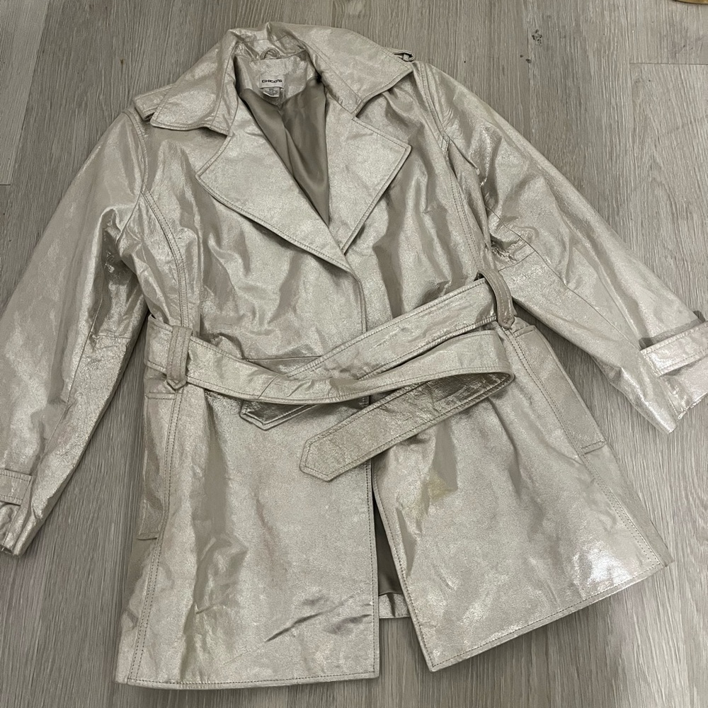 Chicos Silver Leather Twinkle Reese Trench Coat XL